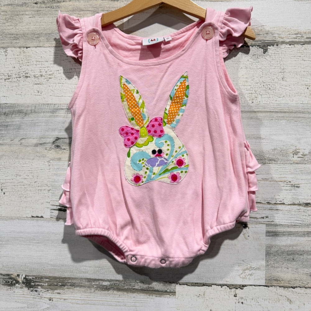AE Romper Girls 2T Pink Bunny Patchwork Ruffle Easter Spring